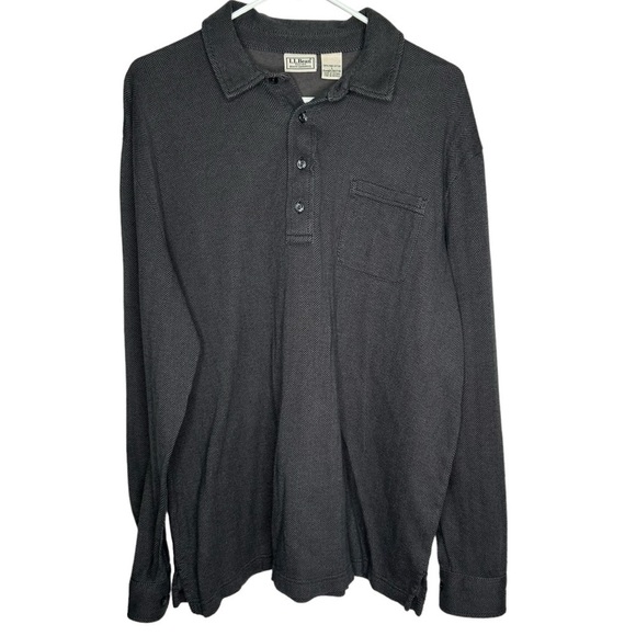 LL Bean Shirt Men's Large Gray Herringbone Long Sleeve Polo Cotton - Picture 1 of 3